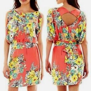Bisou Bisou Michele Bohbot Multi Floral Color Keyhole Sash Tie Zip Up Dress Sz 4